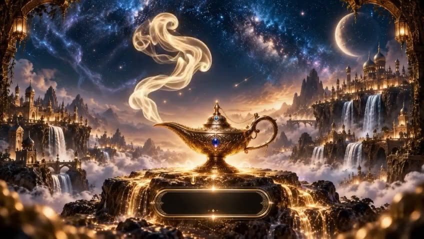 A golden magic lamp on a rock ledge under a starry sky, smoke rising from its spout, waterfalls and palaces in the clouds