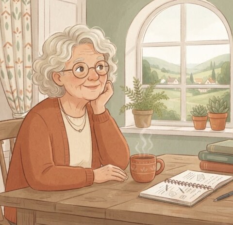 Helen, the PlansWill guide: a warm older woman with glasses and an amber cardigan, resting her chin on her hand