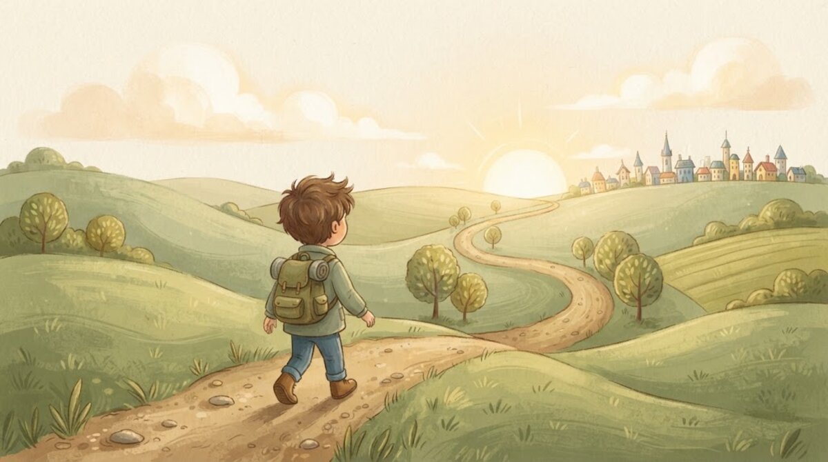 A child with a backpack walking a sunny path toward green hills and a bright morning sky