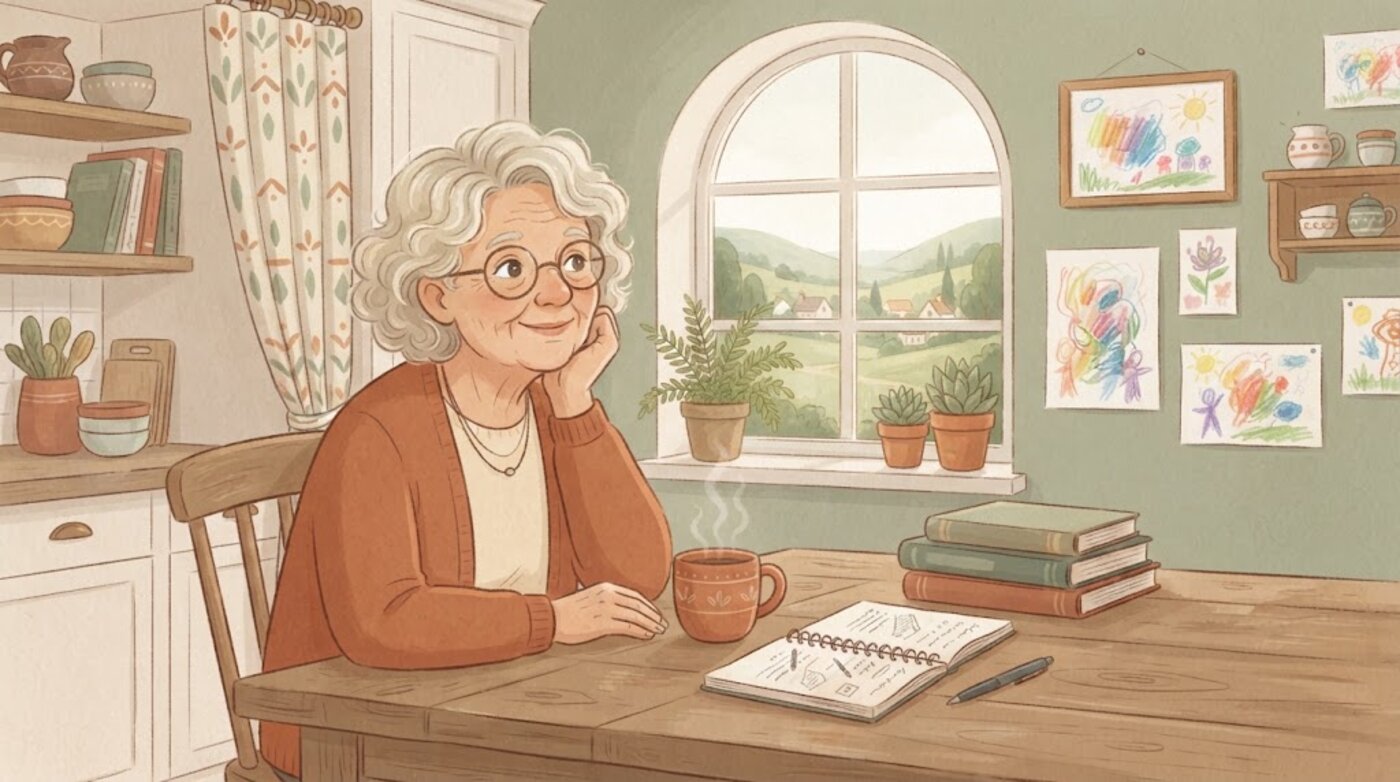 Helen, the PlansWill guide - a warm grandmother with glasses and a rust cardigan - at her kitchen desk with a mug, a notebook, a stack of family books and children's drawings on the wall, an arched window over green hills behind her